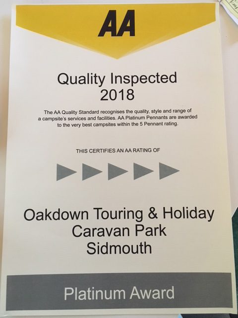 AA Quality Inspected 2018 certificate showing five pennants and a Platinum Award for Oakdown