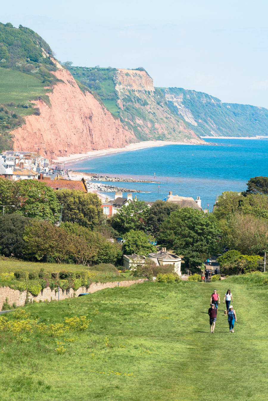 The view from the grassy clifftop down over Sidmouth and the red cliffs, with people walking the path below