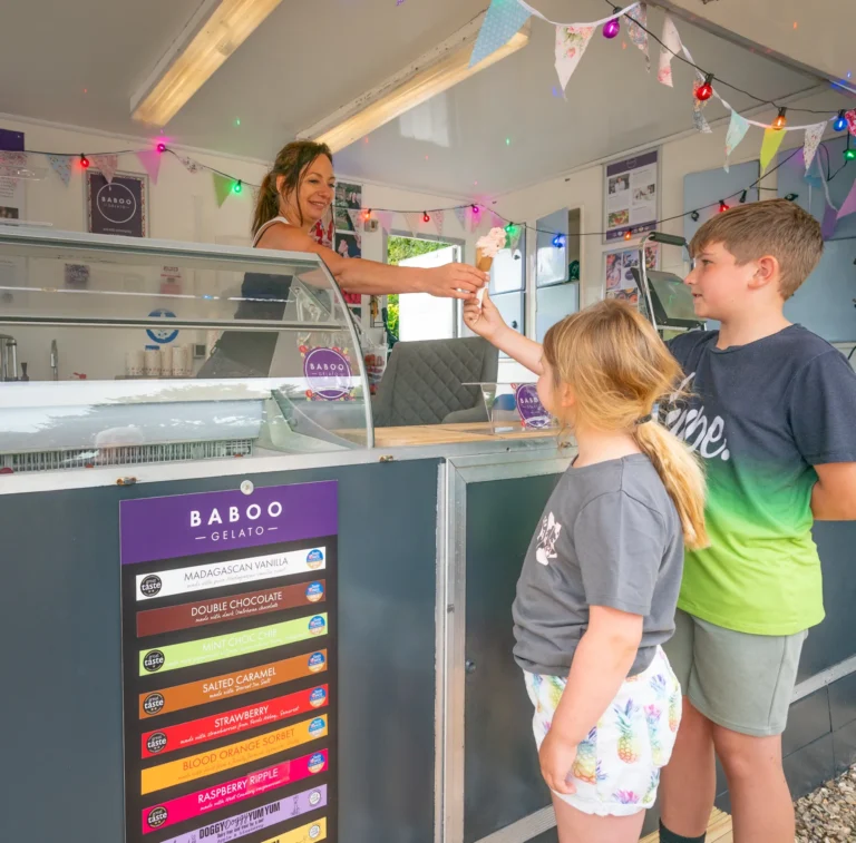 A child at the Baboo Gelato serving hatch looking along the row of flavour tubs