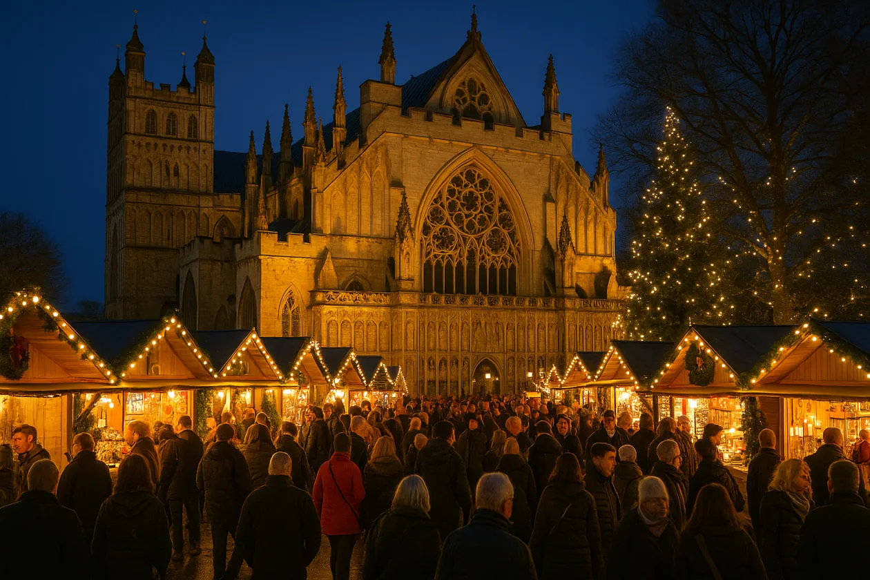 Exeter Cathedral Christmas Market with festive chalets and lights