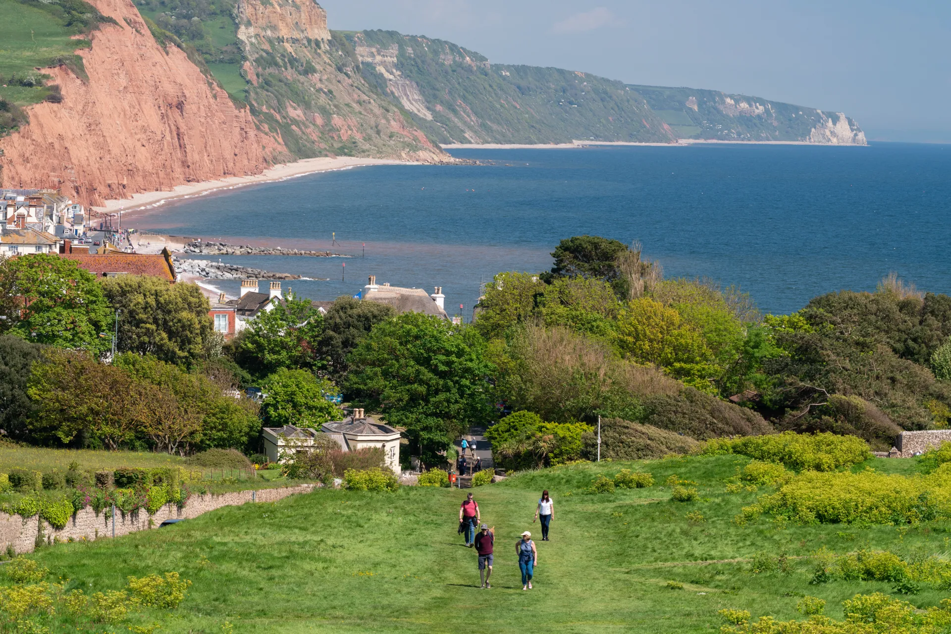 Walkers on the grassy coast path above Sidmouth, looking down over the town, the beach and the red cliffs beyond