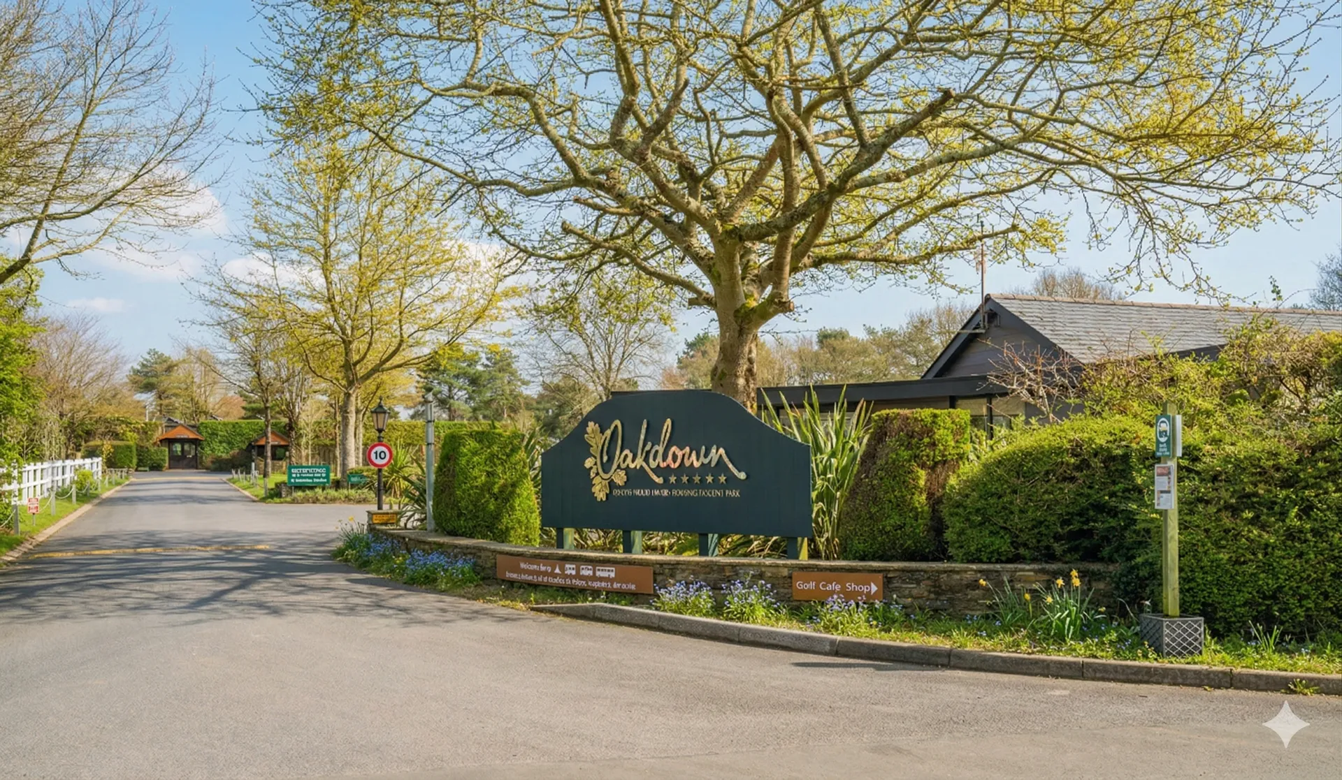 The Oakdown entrance drive in spring, with the oak coming into leaf above the sign