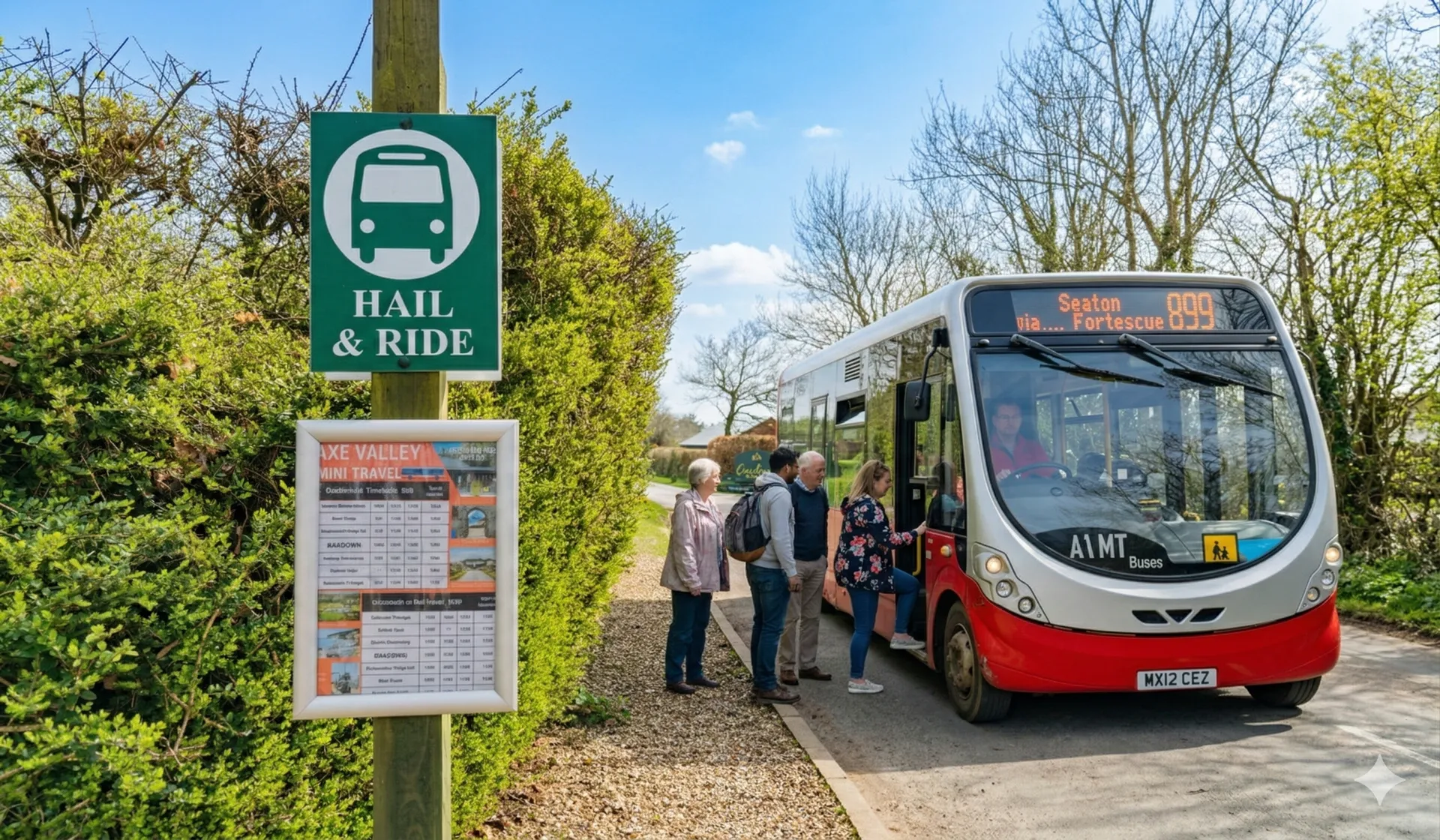 Passengers boarding the red bus at the Hail and Ride stop on the lane outside Oakdown