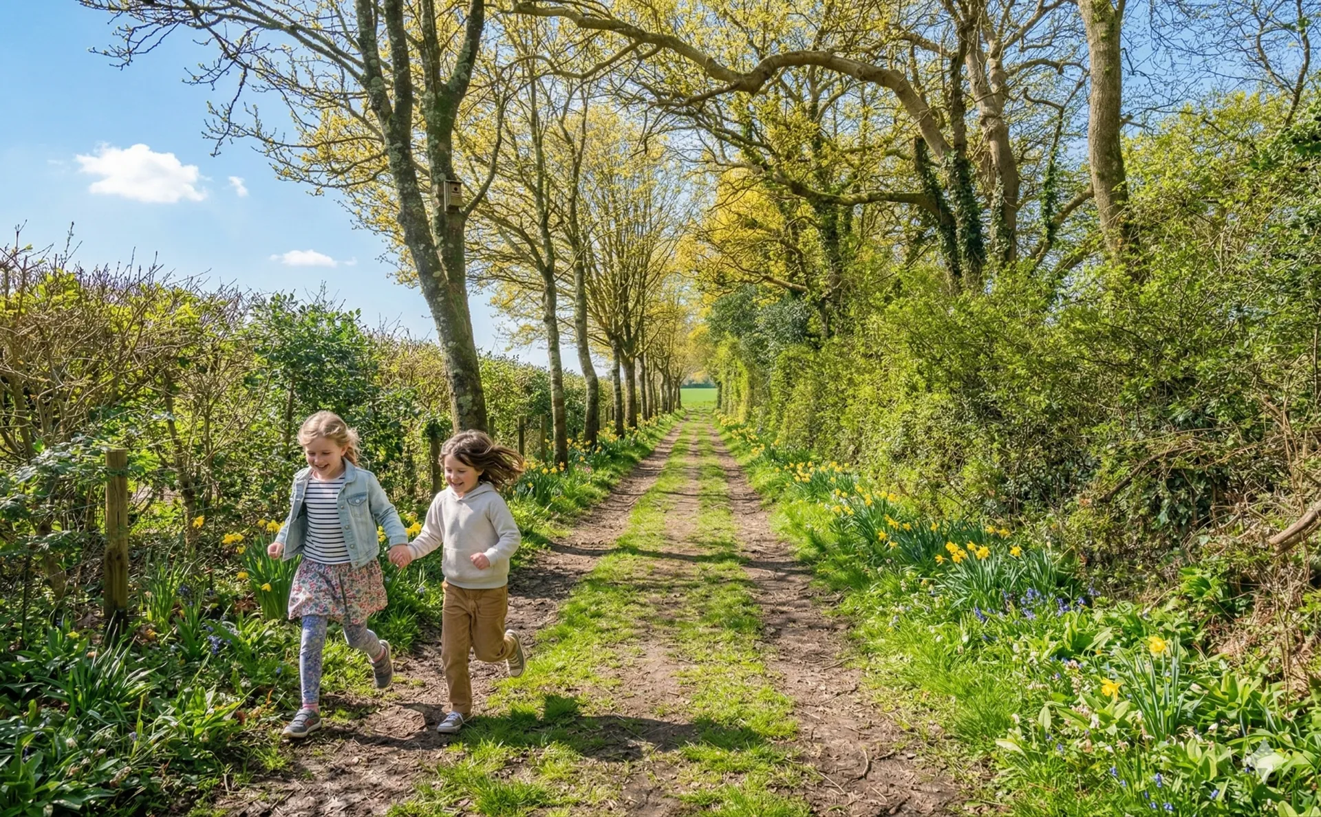 Two children walking down a green lane between the hedgerows on a bright spring day