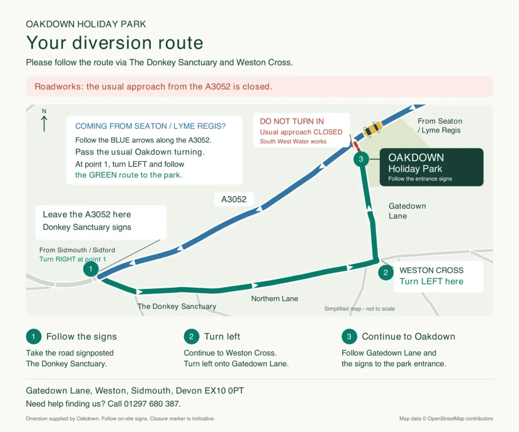 Diversion map to Oakdown Holiday Park via The Donkey Sanctuary road, Weston Cross and Gatedown Lane while the A3052 entrance is closed
